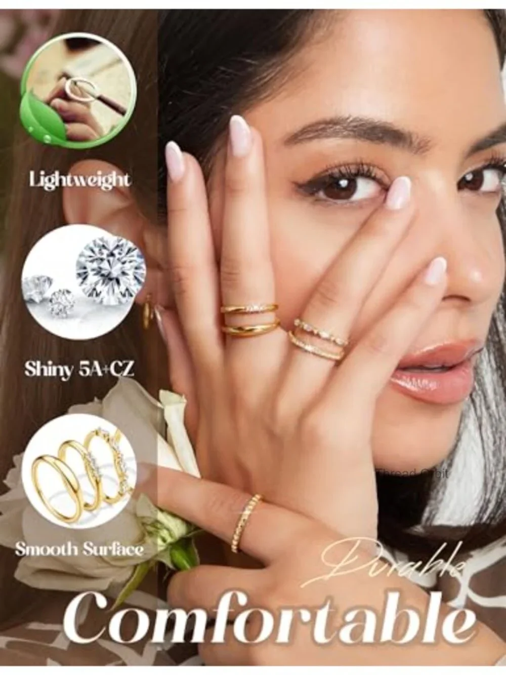 14K Gold Plated Stackable Rings Set - Non Tarnish Dainty CZ Wedding Bands